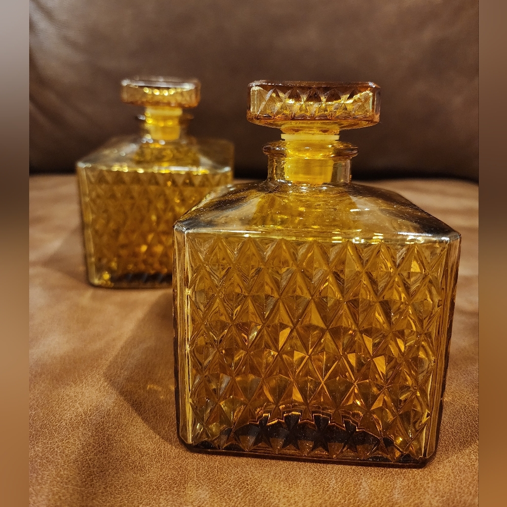 Vintage Amber Glass Square Decanter with Stopper - Set of 2 - Picture 3 of 4